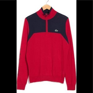Lacoste 1/4 zip colorblock wool yoke pullover zip up sweater in red, size XXL